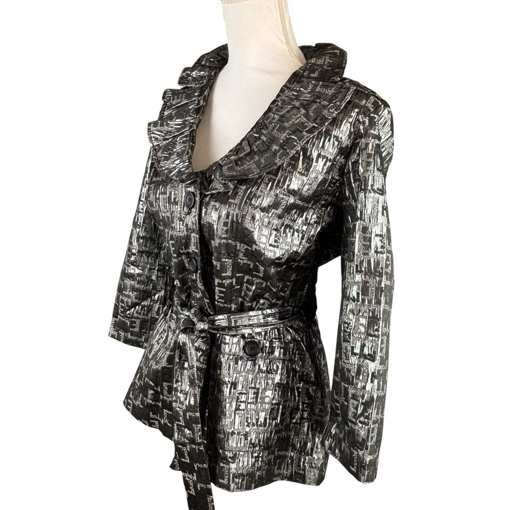 Ruby Rd Metallic Black Jacket Women Textured Button Belted Sz 12 Holiday Party